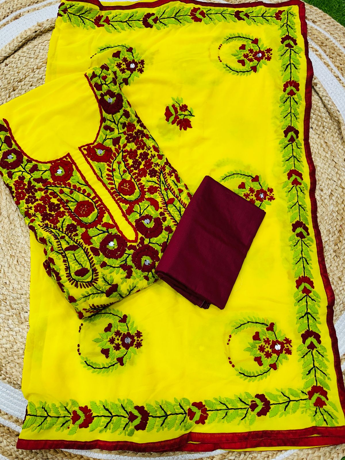 Yellow Beautiful Super Georgette Kantha Work Suits Stitched