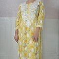 Yellow Plus Size Mulmul Printed Lucknowi Chikankari Kurta Set - Up to 5XL