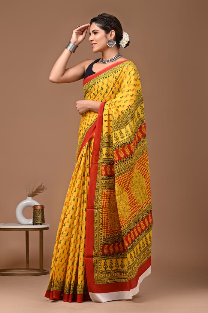 Yellow Red Ajrakh Cotton Mul Handblock Print Saree with Ready-to-Wear Blouse Set