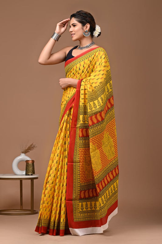 Yellow Red Ajrakh Cotton Mul Handblock Print Saree with Ready-to-Wear Blouse Set