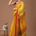 Yellow Red Ajrakh Cotton Mul Handblock Print Saree with Ready-to-Wear Blouse Set