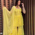 Yellow Handcrafted Lucknow Chikankari Strappy Gharara Set