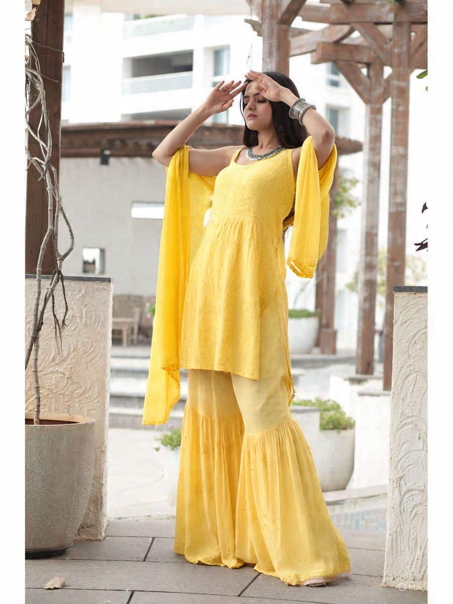 Yellow Handcrafted Lucknow Chikankari Strappy Gharara Set (New)