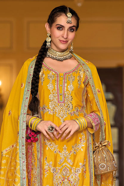 Golden Radiance Chinon Silk Embroidered Palazzo Pakistani Style Suit