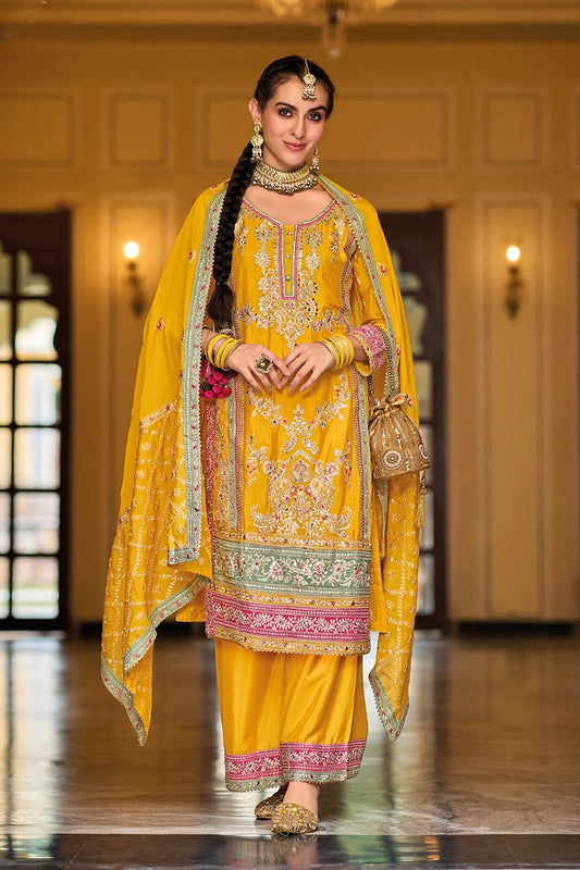 Golden Radiance Chinon Silk Embroidered Palazzo Pakistani Style Suit