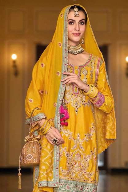 Golden Radiance Chinon Silk Embroidered Palazzo Pakistani Style Suit