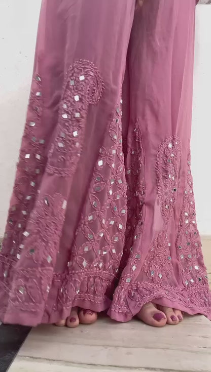 Pink Gradient Mirror Work Chikankari Kurti Sharara Dupatta Set