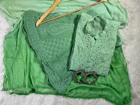 Combo Green Ombre Dyed Semi Georgette Suit + Blue Grey Georgette Mirror Gala Booti Chikankari Set