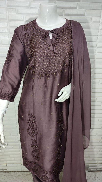 Dark Brown Ramadan Elegance: Chikankari Modal Chanderi Cutdana Set - Inayakhan Shop 