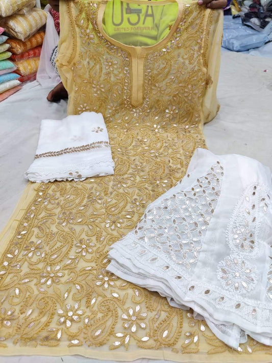 Beige Georgette Gotta Patti Kurti Sharara Salwar Suit Shopping - Inayakhan Shop 