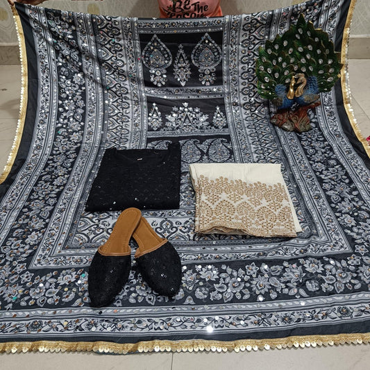 Black Cambric Cotton Kurti with Digital Pakistani Mirror Dupatta Set Latest Online - Inayakhan Shop 