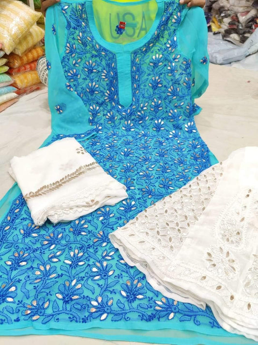 Blue Georgette Gotta Patti Kurti Sharara Dress Salwar Kameez - Inayakhan Shop 