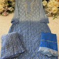 Blue Gradient Mirror Work Chikankari Kurti Sharara Dupatta Set