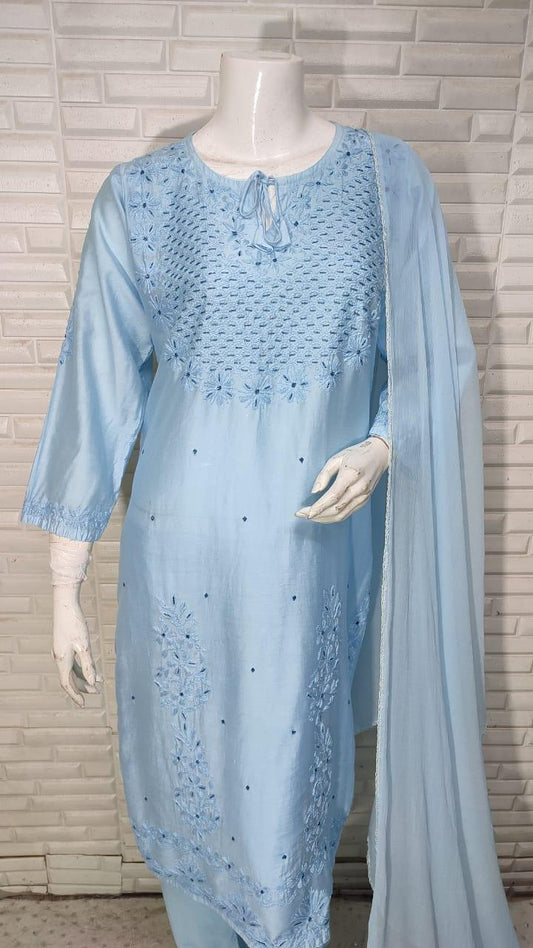 Blue Ramadan Elegance: Chikankari Modal Chanderi Cutdana Set - Inayakhan Shop 