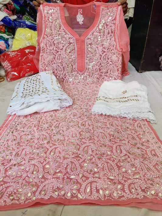 Blush Peach Georgette Gotta Patti Kurti Sharara Salwar Suit Designs - Inayakhan Shop 