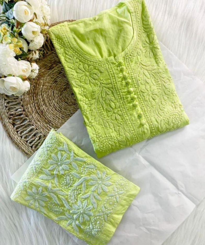 Chartreuse Green Cotton Chikankari Handwork Kurti Suit Shopping - Inayakhan Shop 