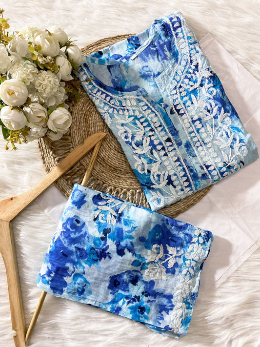 Combo Blue White Floral Mul Mul Cotton Pallazo Coord Set + Green Lucknowi Chikankari Handwork Coord Set
