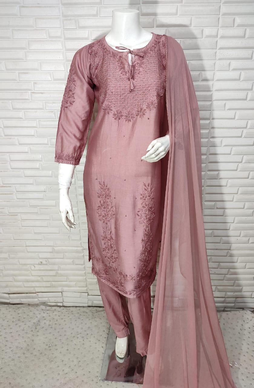 Dark Brown Ramadan Elegance: Chikankari Modal Chanderi Cutdana Set - Inayakhan Shop 