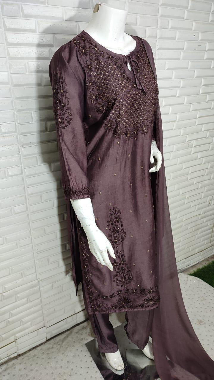 Dark Brown Ramadan Elegance: Chikankari Modal Chanderi Cutdana Set - Inayakhan Shop 