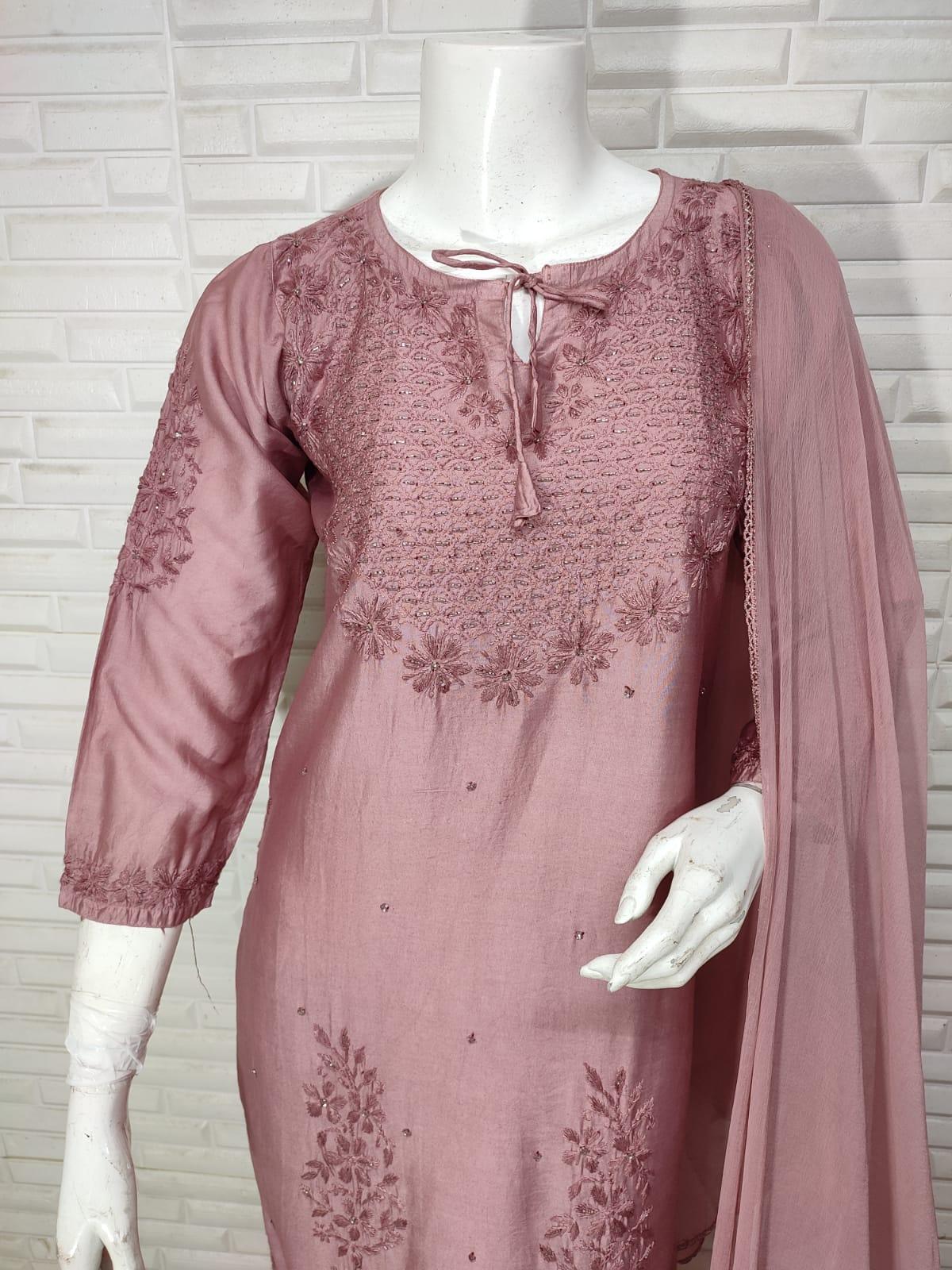 Dark Brown Ramadan Elegance: Chikankari Modal Chanderi Cutdana Set - Inayakhan Shop 