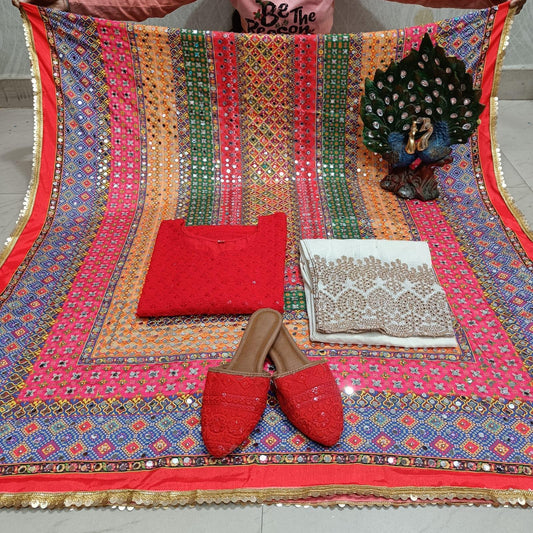 Design-2 Orange Cambric Cotton Kurti with Digital Pakistani Mirror Dupatta Set - Inayakhan Shop 