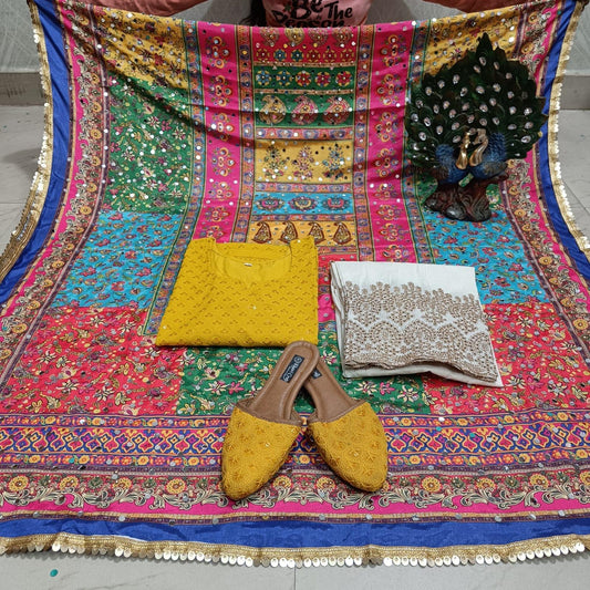 Design-2 Yellow Cambric Cotton Kurti with Digital Pakistani Mirror Dupatta Set - Inayakhan Shop 