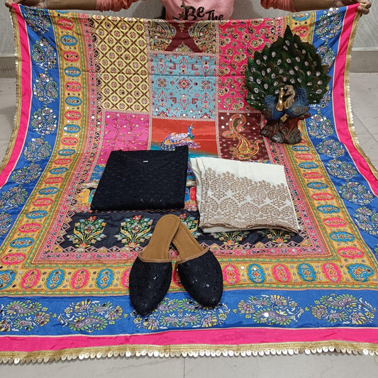 Design-3 Black Cambric Cotton Kurti with Digital Pakistani Mirror Dupatta Set Latest Online - Inayakhan Shop 