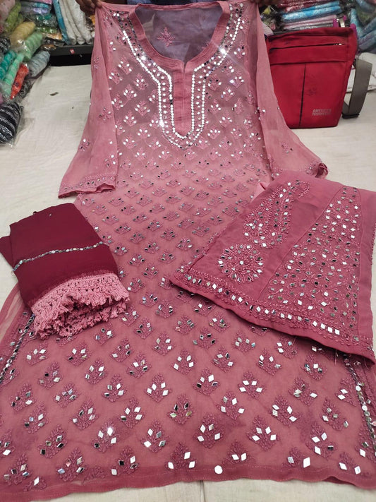 Dusty Pink Gradient Mirror Work Chikankari Kurti Sharara Dupatta Set - Inayakhan Shop 