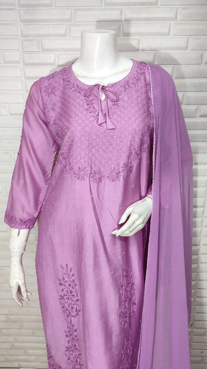 Dusty Pink Ramadan Elegance: Chikankari Modal Chanderi Cutdana Set - Inayakhan Shop 