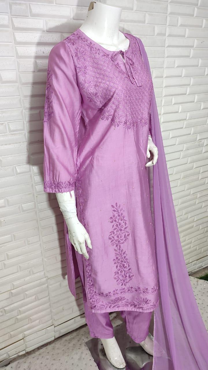 Dusty Pink Ramadan Elegance: Chikankari Modal Chanderi Cutdana Set - Inayakhan Shop 