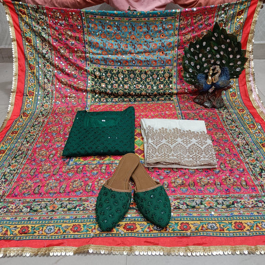 Forest Green Cambric Cotton Kurti with Digital Pakistani Mirror Dupatta Set - Inayakhan Shop 