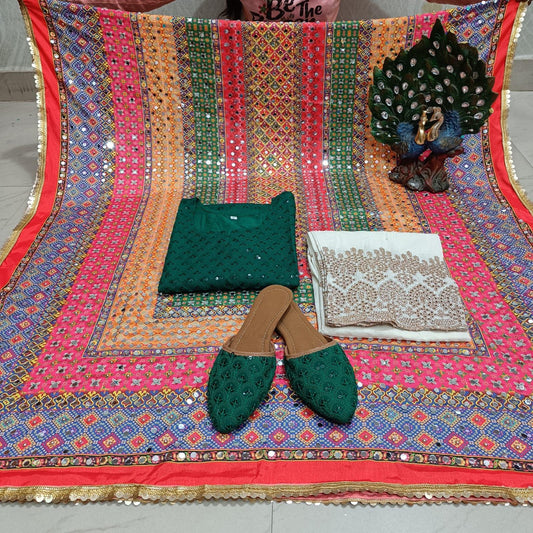 Forest Green Cambric Cotton Kurti with Digital Pakistani Mirror Dupatta Set - Inayakhan Shop 