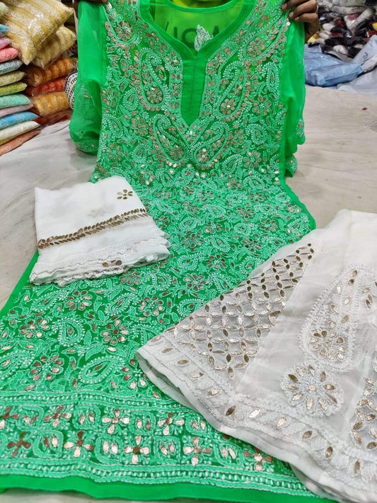 Green Georgette Gotta Patti Kurti Sharara Salwar Dress Designs - Inayakhan Shop 