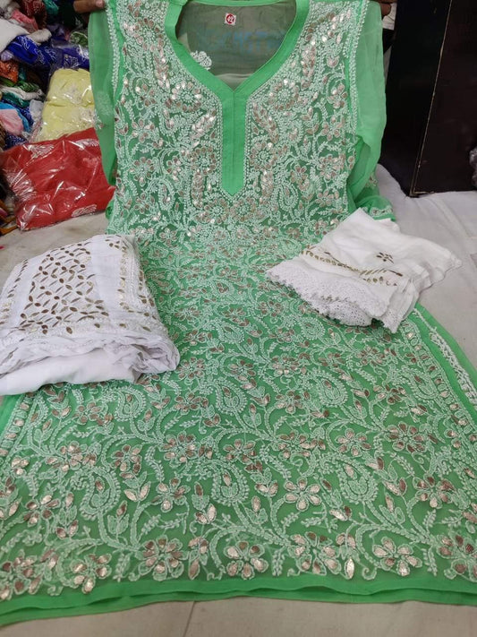 Green Georgette Gotta Patti Kurti Sharara Salwar Suit Designs - Inayakhan Shop 