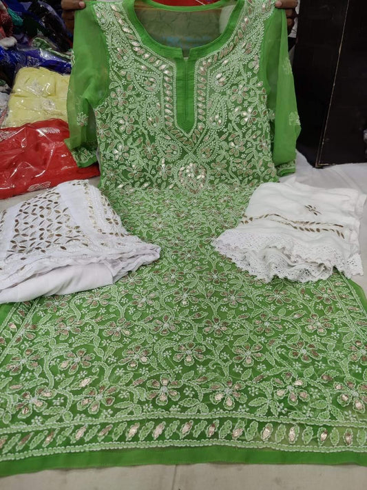 Green Georgette Gotta Patti Kurti Sharara Salwar Suit - Inayakhan Shop 