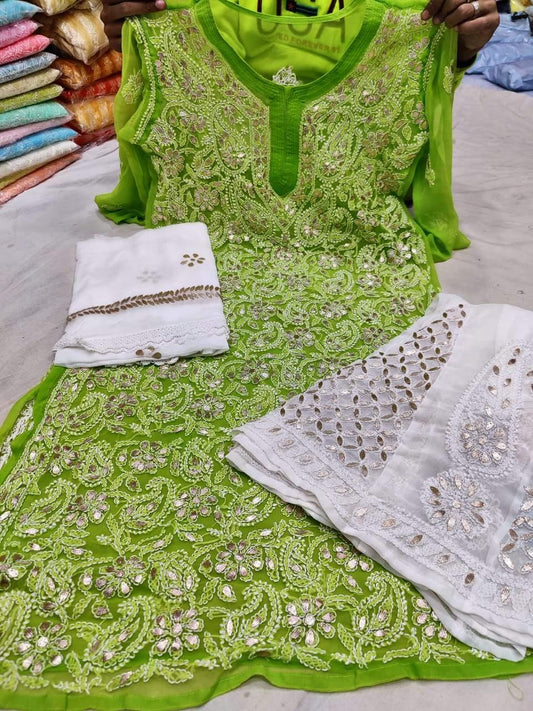 Green Georgette Gotta Patti Kurti Sharara Salwar Suits Online India - Inayakhan Shop 