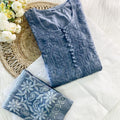 Grey Cotton Chikankari Hand Work In Paisley Pattern Kurti Pant Sets Plus Sizes