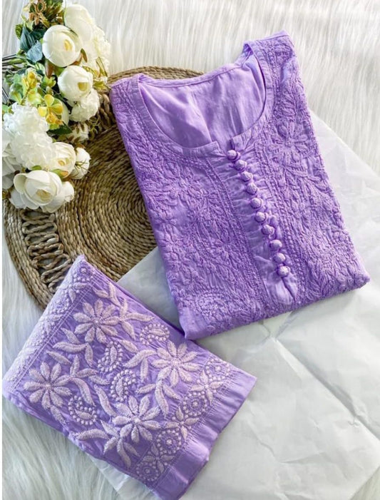 Lavender Cotton Chikankari Hand Work Kurti Suit Designs