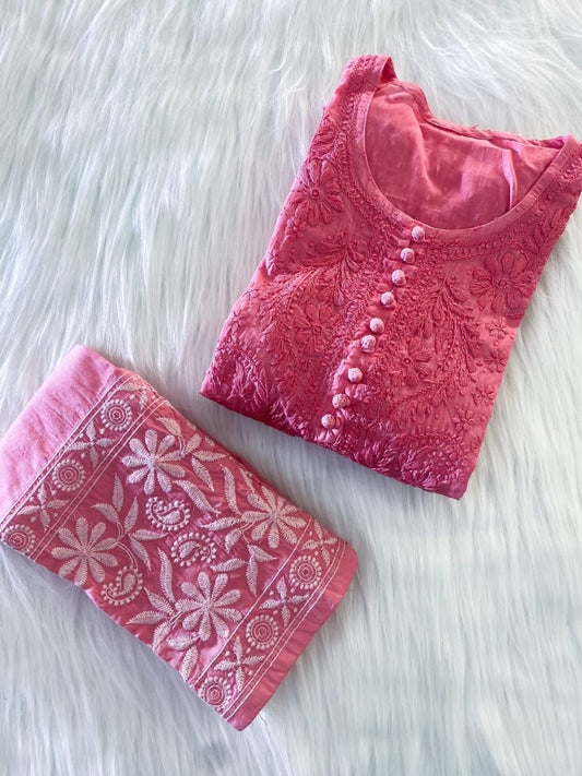 Light Melon Pink Cotton Chikankari Hand Work Kurti Suits Online