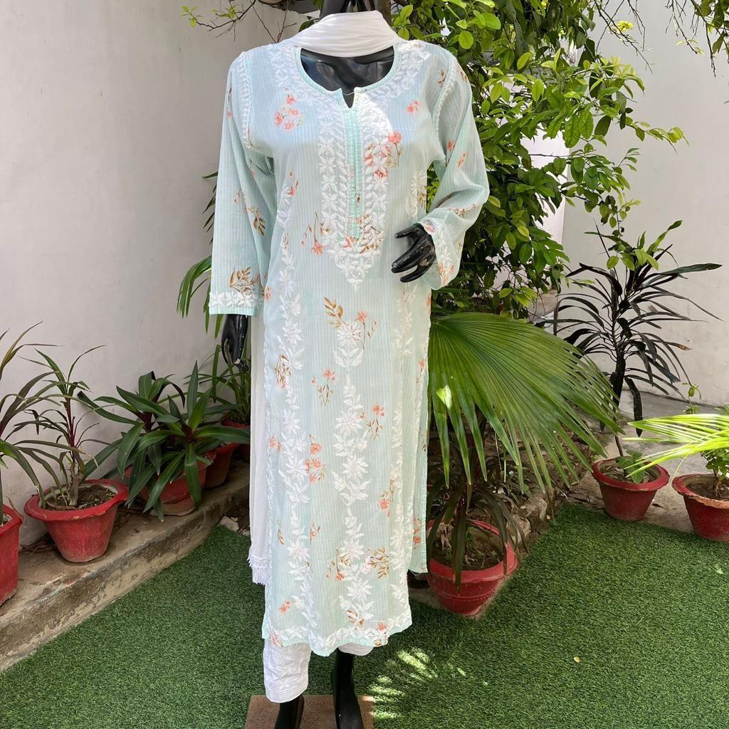 Light Blue Mulmul Cotton Kurta with Exclusive Heavy Work Shopping Online - Inayakhan Shop 
