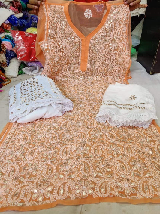 Light Orange Georgette Gotta Patti Kurti Sharara Salwar Suit - Inayakhan Shop 