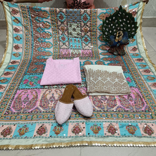Light Pink Cambric Cotton Kurti with Digital Pakistani Mirror Dupatta Set Latest Online - Inayakhan Shop 
