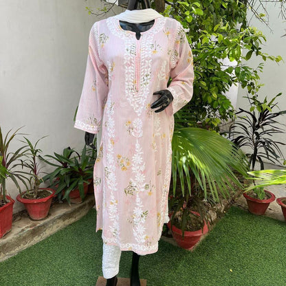 Light Pink Mulmul Cotton Kurta with Exclusive Heavy Work Shopping Online - Inayakhan Shop 