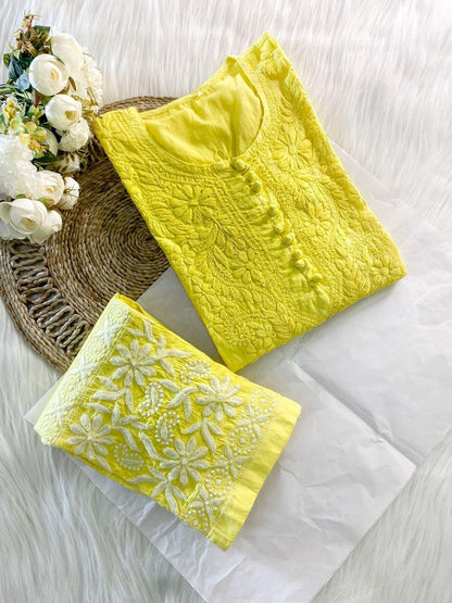 Light Yellow Cotton Chikankari Hand Work Kurti Pant Sets - Inayakhan Shop 