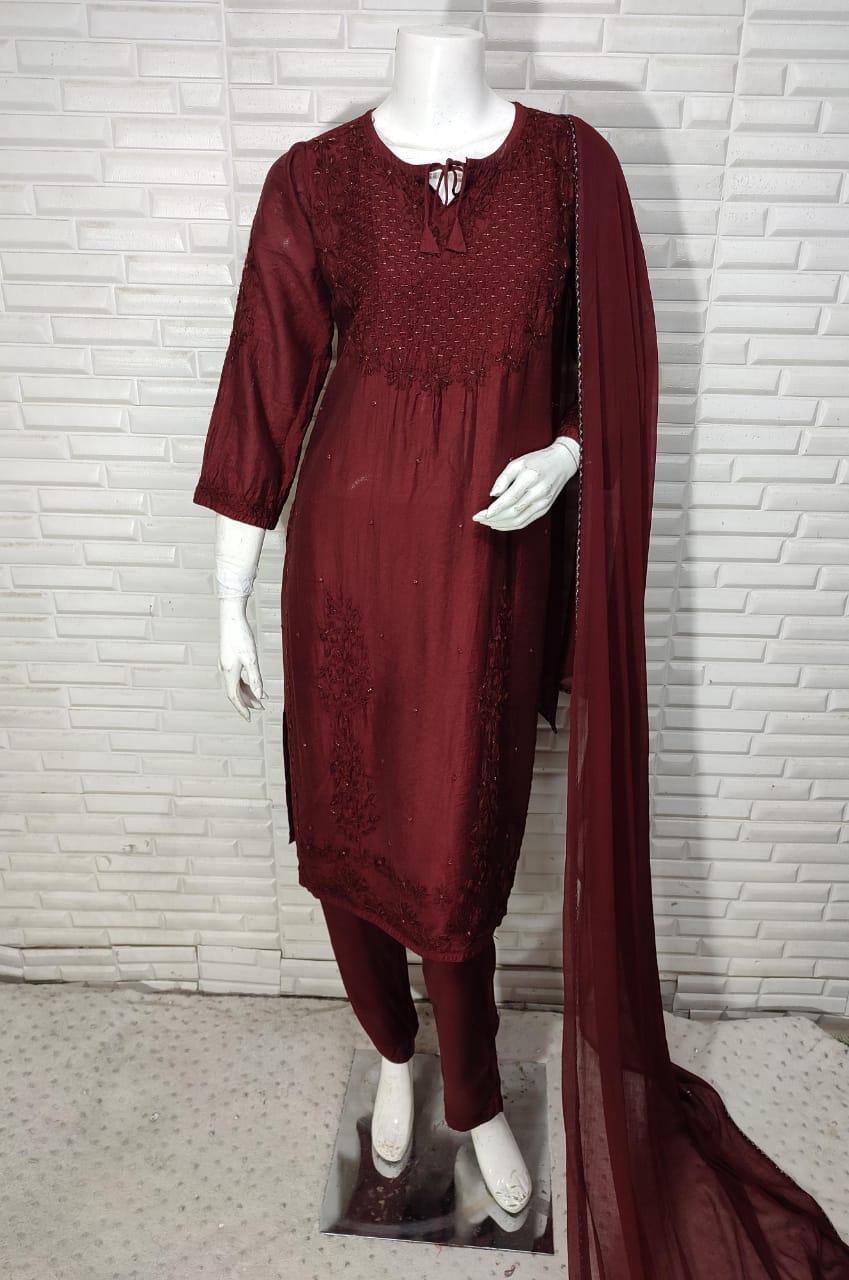 Maroon Ramadan Elegance: Chikankari Modal Chanderi Cutdana Set - Inayakhan Shop 