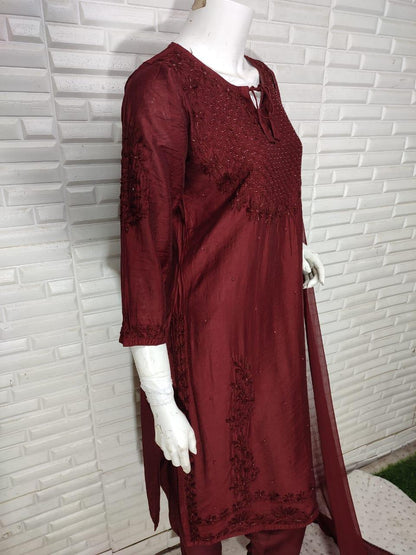 Maroon Ramadan Elegance: Chikankari Modal Chanderi Cutdana Set - Inayakhan Shop 