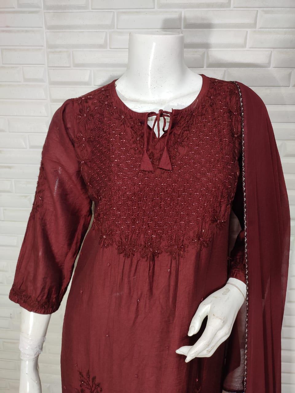 Maroon Ramadan Elegance: Chikankari Modal Chanderi Cutdana Set - Inayakhan Shop 