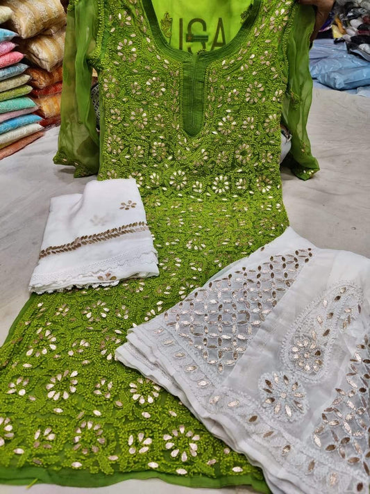 Mehendi Green Georgette Gotta Patti Kurti Sharara Salwar Suits With Price - Inayakhan Shop 