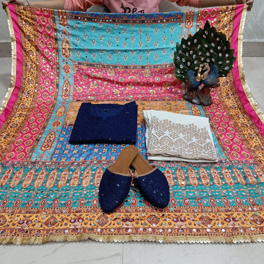 Navy Blue Cambric Cotton Kurti with Digital Pakistani Mirror Dupatta Set Latest Online - Inayakhan Shop 