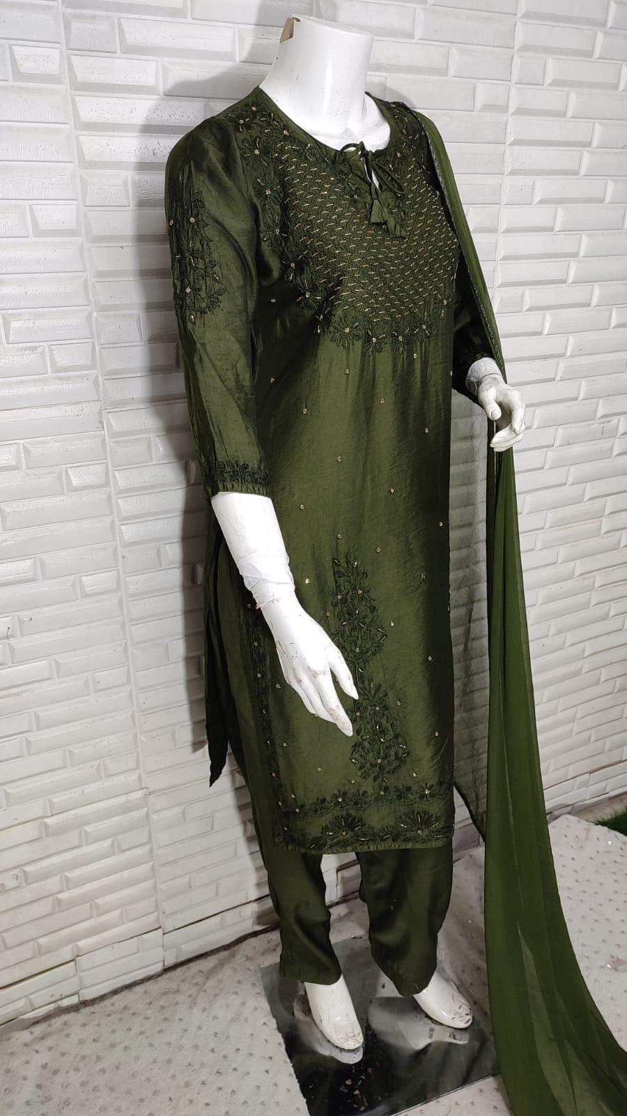 Olive Green Ramadan Elegance: Chikankari Modal Chanderi Cutdana Set - Inayakhan Shop 